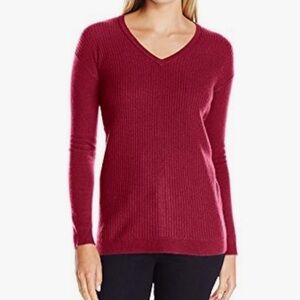 Lark & Ro Cherry Red 100% Cashmere Textured Front Deep V-Neck Pullover Sweater